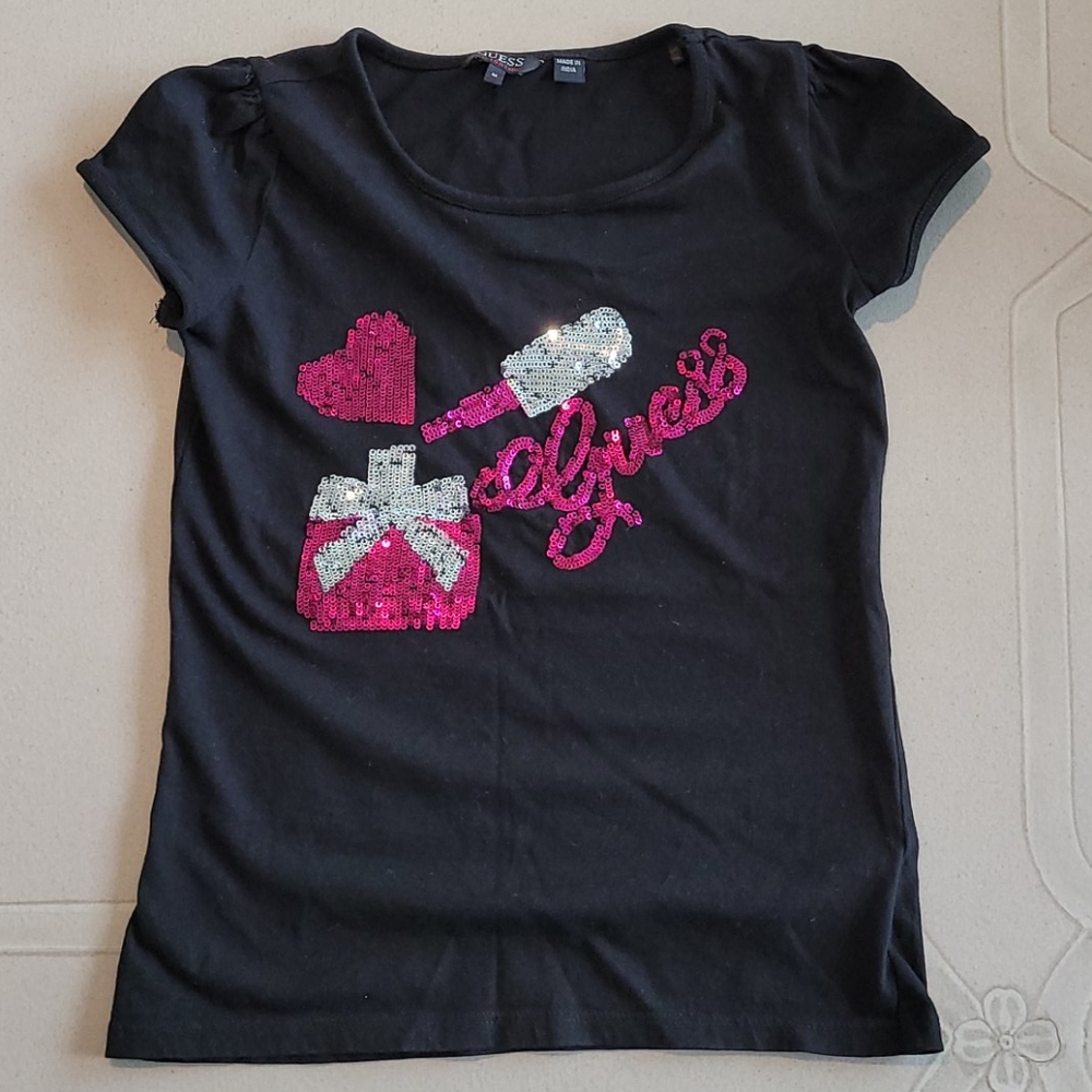 Girls GUESS Black Tee with Silver/Pink Sequin